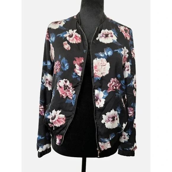 Bomber Flower Jacket in black with flowers all over in size small. - Picture 2 of 4